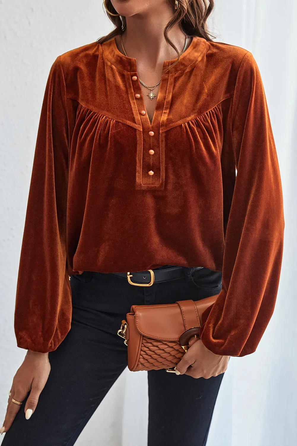 Gold Flame Velvet Lantern Sleeve Beaded Split V Neck Top