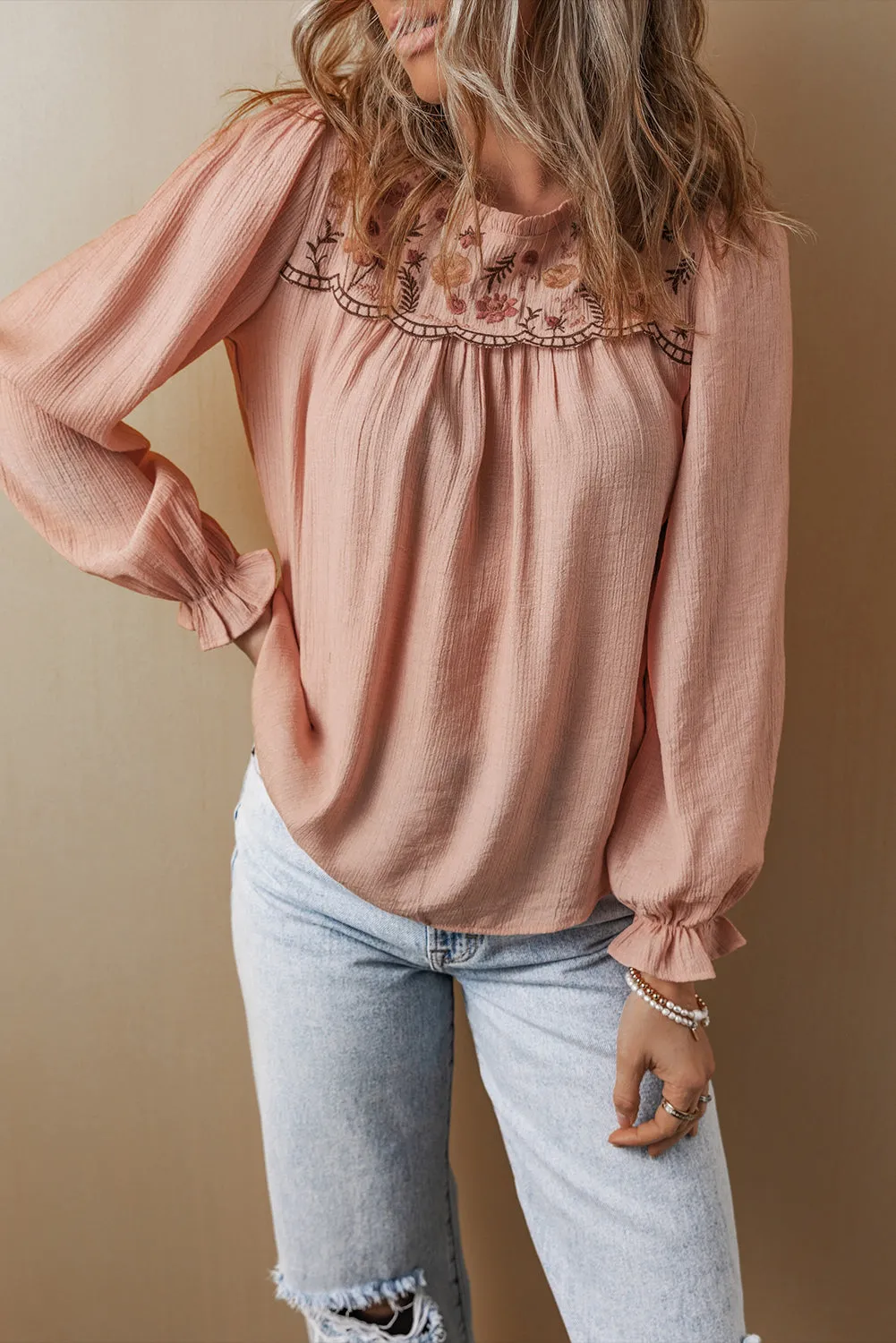 Gossamer Pink Floral Embroidered Textured Flounce Sleeve Elegant Blouse