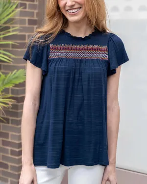 Grace & Lace Ellis Knit Embroidered Top - Navy/Multi