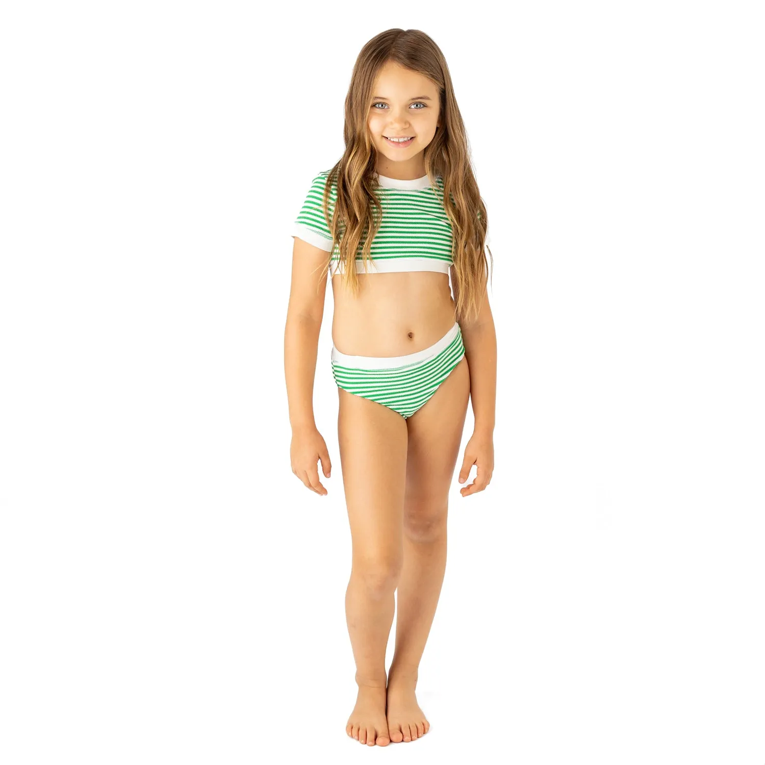 Green Stripe Girls Ribbed Cropped Short Sleeve Two Piece Swimsuit