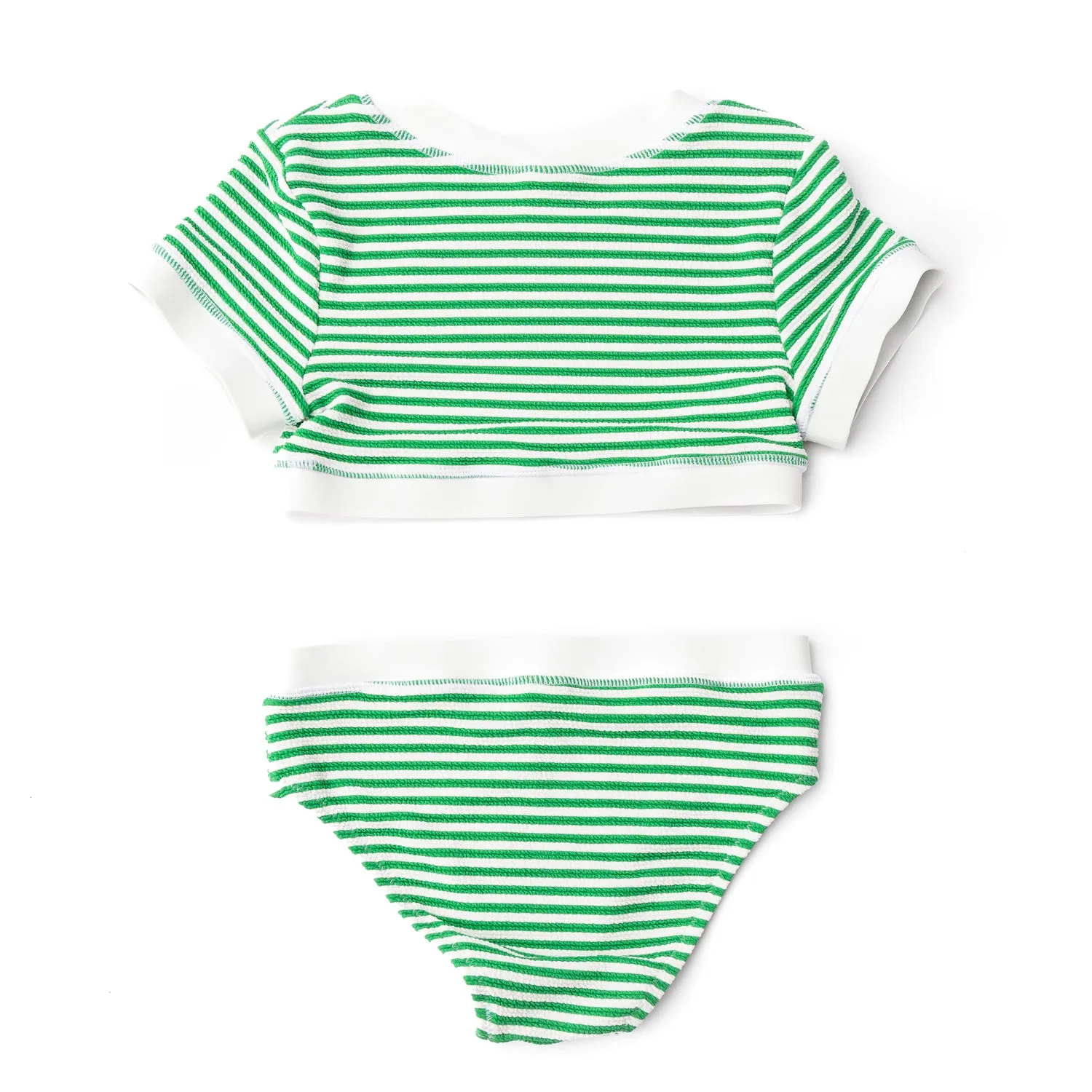 Green Stripe Girls Ribbed Cropped Short Sleeve Two Piece Swimsuit