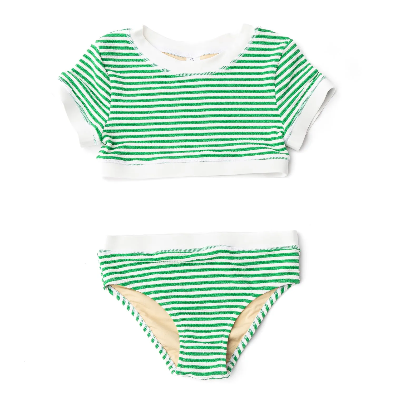 Green Stripe Girls Ribbed Cropped Short Sleeve Two Piece Swimsuit