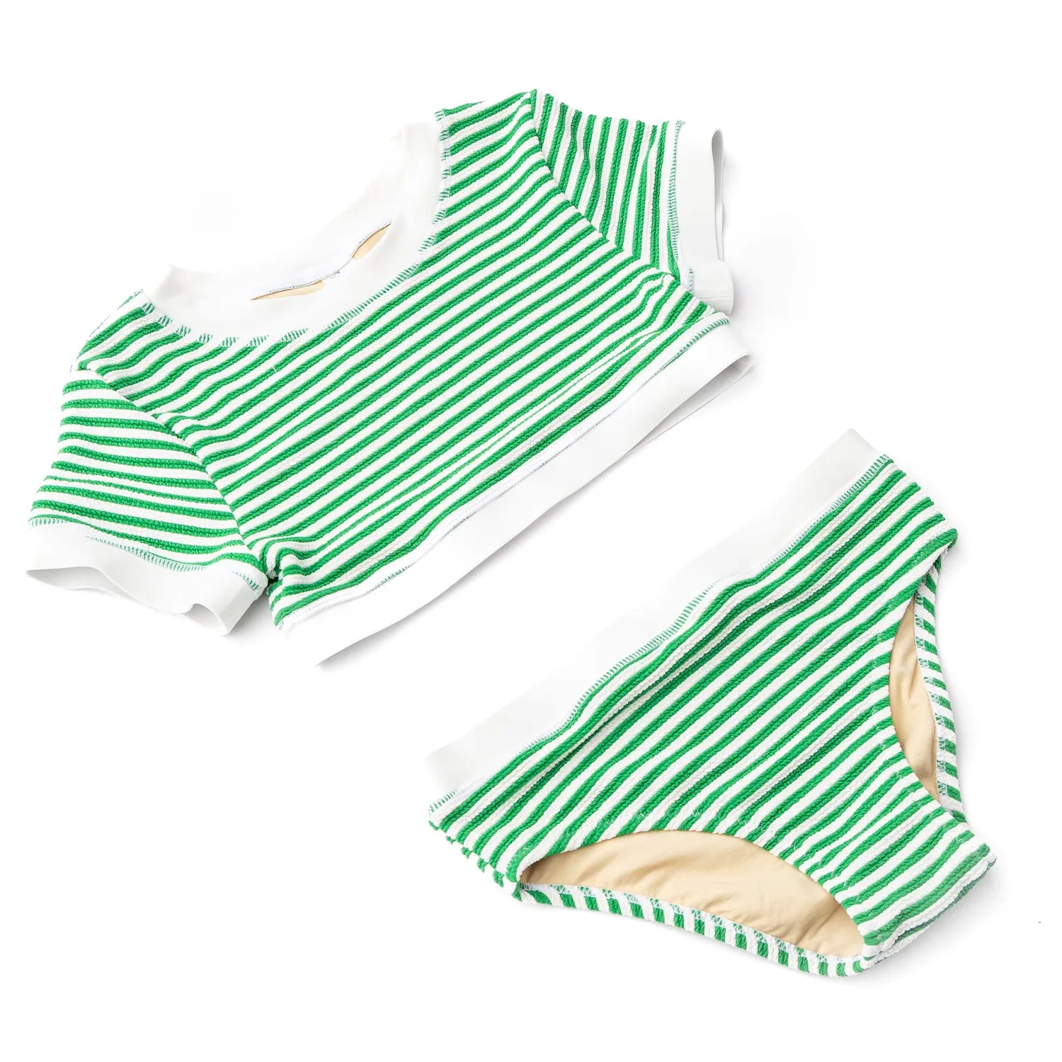 Green Stripe Girls Ribbed Cropped Short Sleeve Two Piece Swimsuit