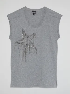 Grey Beaded Star Sleeveless Top