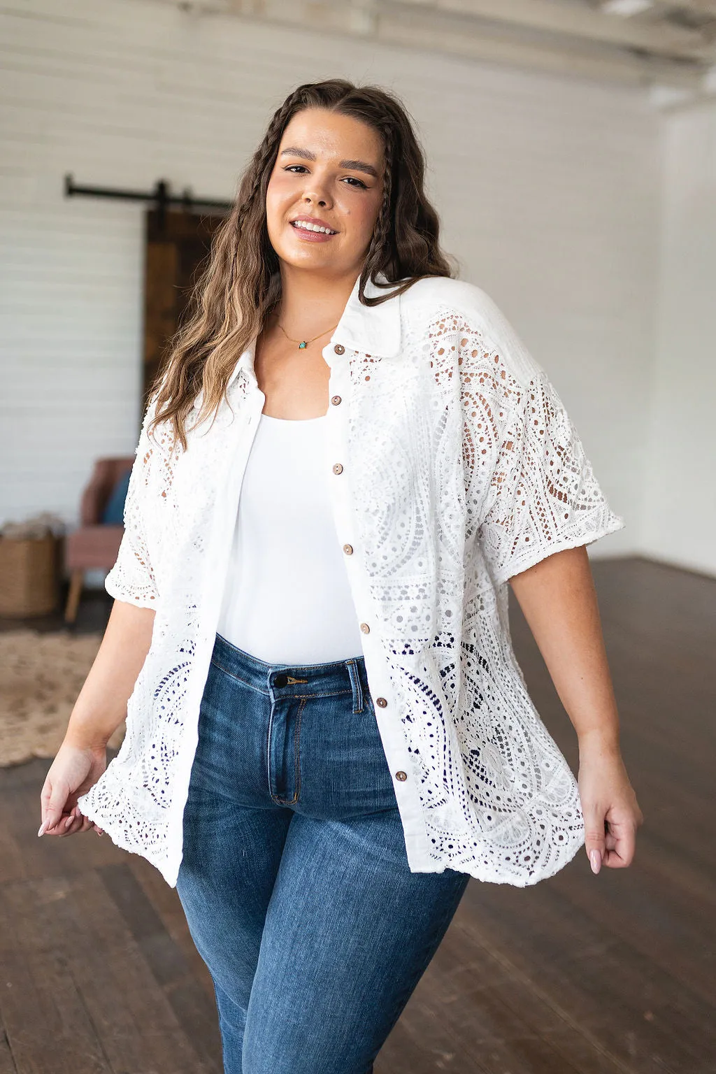 Hazel Blues® |  Head in the Clouds Lace Button Down