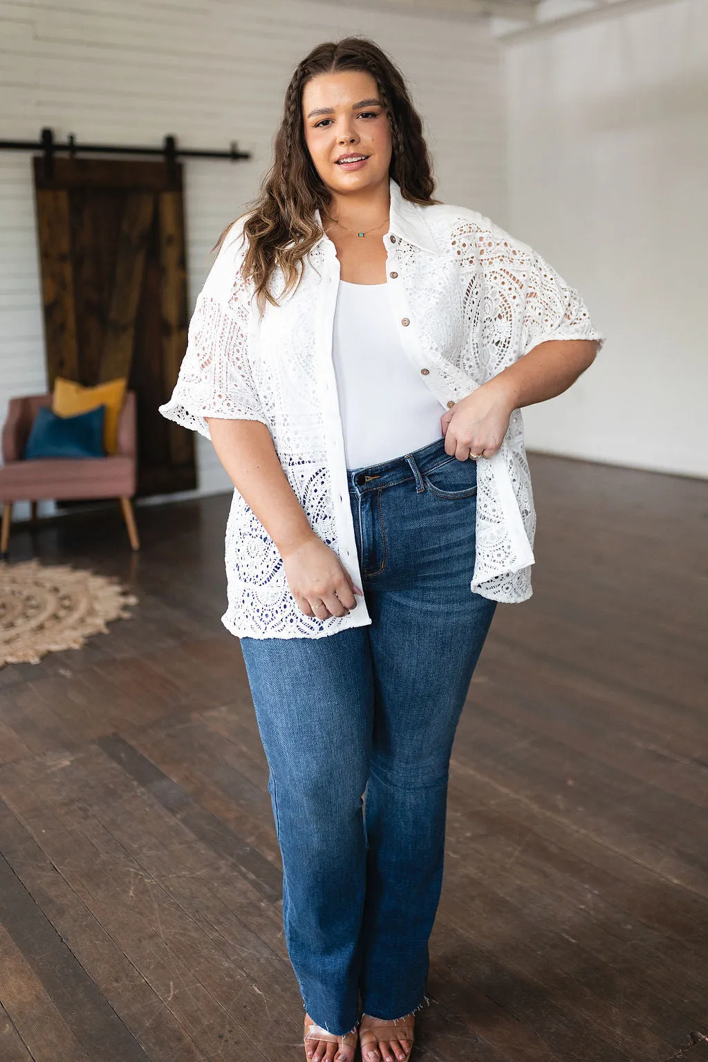 Hazel Blues® |  Head in the Clouds Lace Button Down