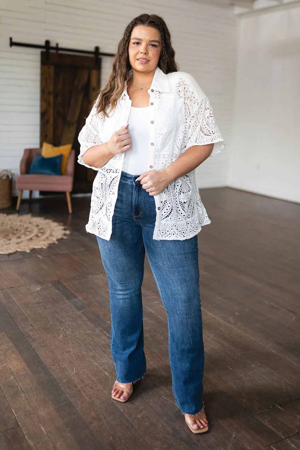 Hazel Blues® |  Head in the Clouds Lace Button Down