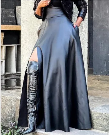 High-Slit Leather Skirt