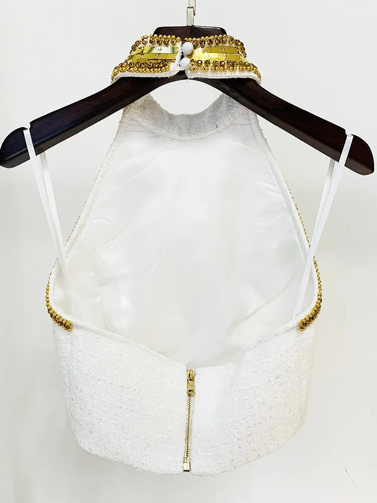 HIGH STREET est Fashion Designer Tops Women's Stunning Metallic Diamonds Beaded Halter Neck Tweed Camis Tank Tops