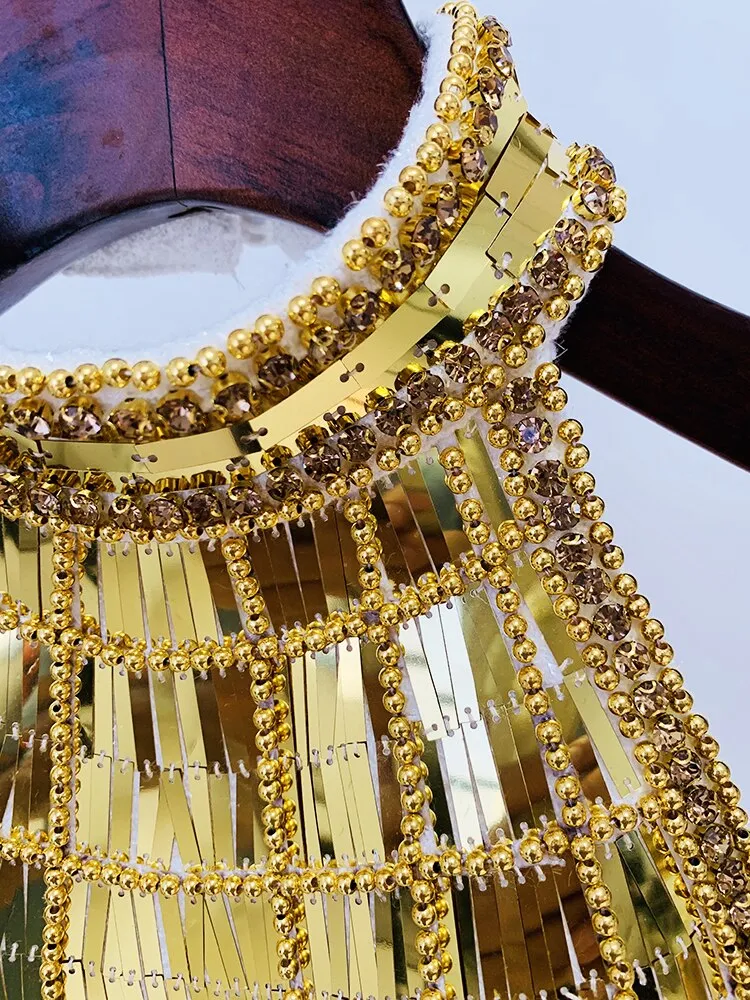 HIGH STREET est Fashion Designer Tops Women's Stunning Metallic Diamonds Beaded Halter Neck Tweed Camis Tank Tops