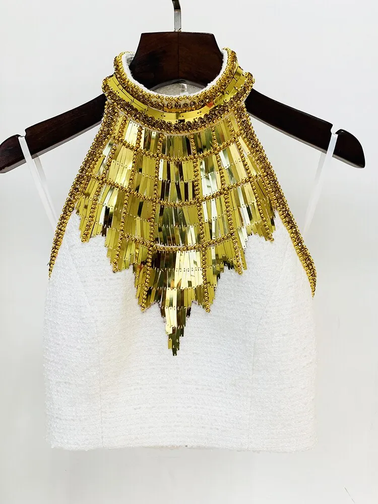 HIGH STREET est Fashion Designer Tops Women's Stunning Metallic Diamonds Beaded Halter Neck Tweed Camis Tank Tops