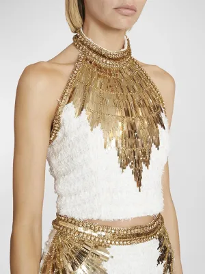HIGH STREET est Fashion Designer Tops Women's Stunning Metallic Diamonds Beaded Halter Neck Tweed Camis Tank Tops