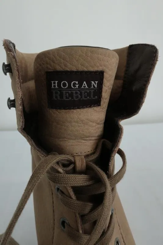 Hogan Rebel Wedge Sneakers Beige Leather Size 39.5 Lace-Up High Top