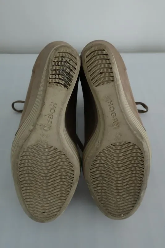 Hogan Rebel Wedge Sneakers Beige Leather Size 39.5 Lace-Up High Top