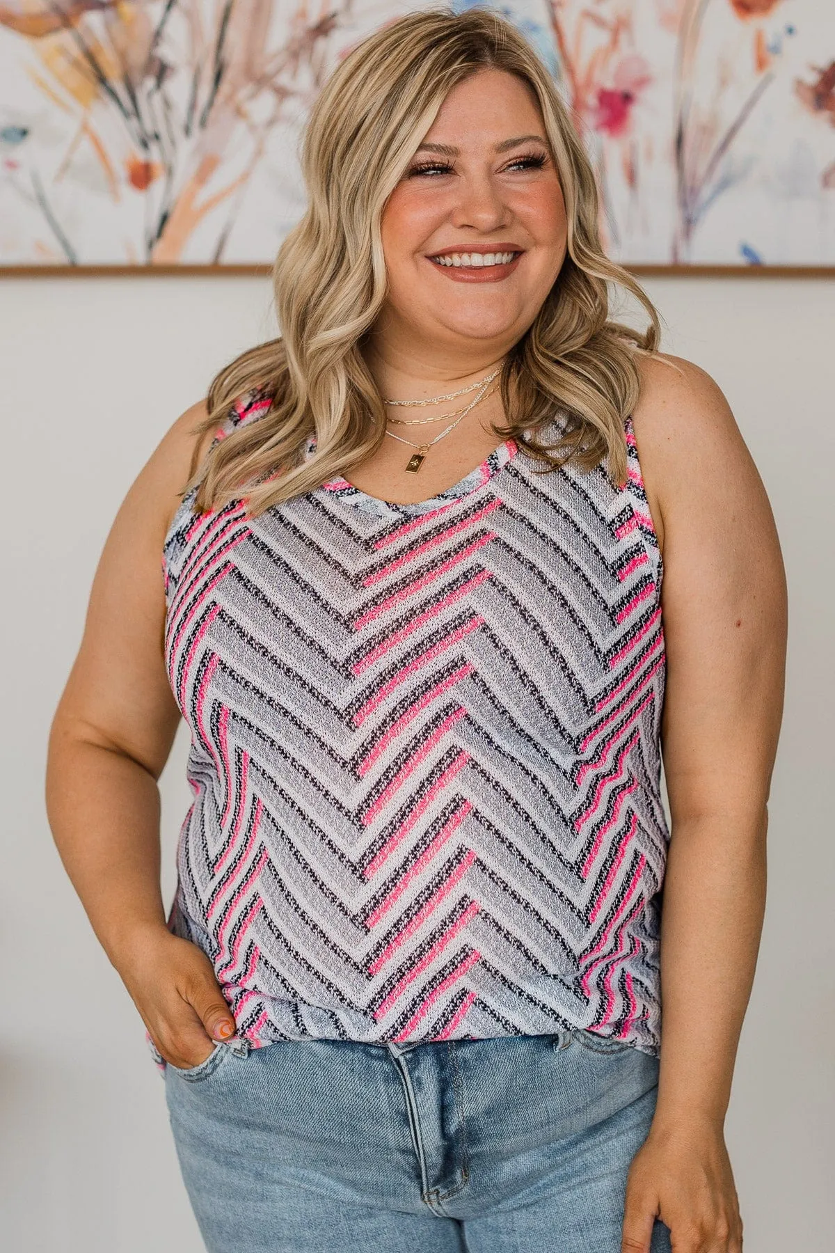 In The Mix Knit Tank Top- Grey & Neon Pink