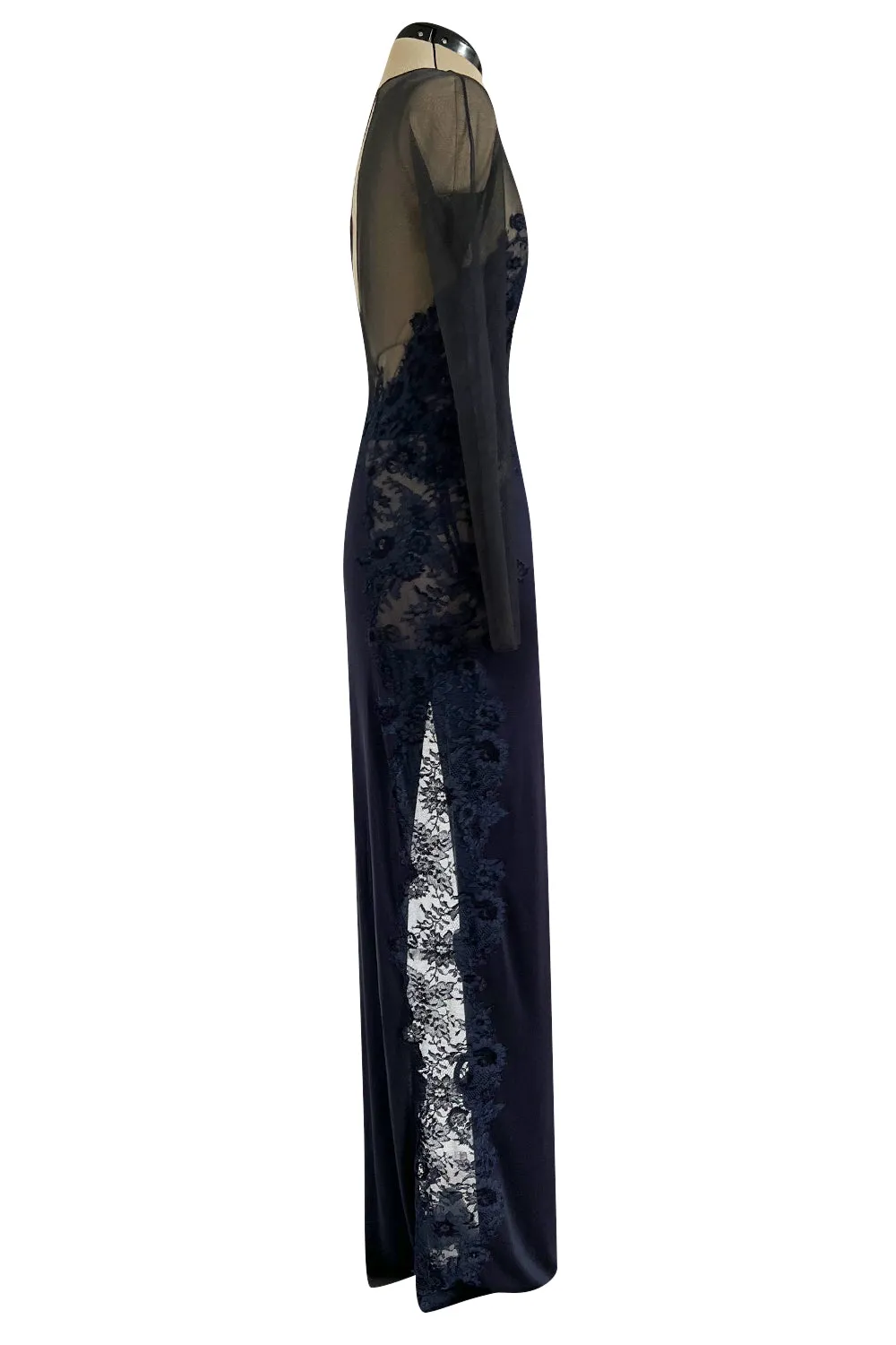 Incredible Early 2000s John Anthony Couture Blue Silk Jersey Dress w See Through Lace  Side & Bodice