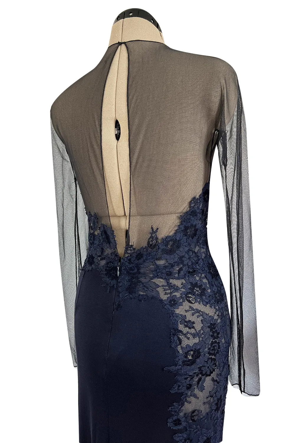 Incredible Early 2000s John Anthony Couture Blue Silk Jersey Dress w See Through Lace  Side & Bodice