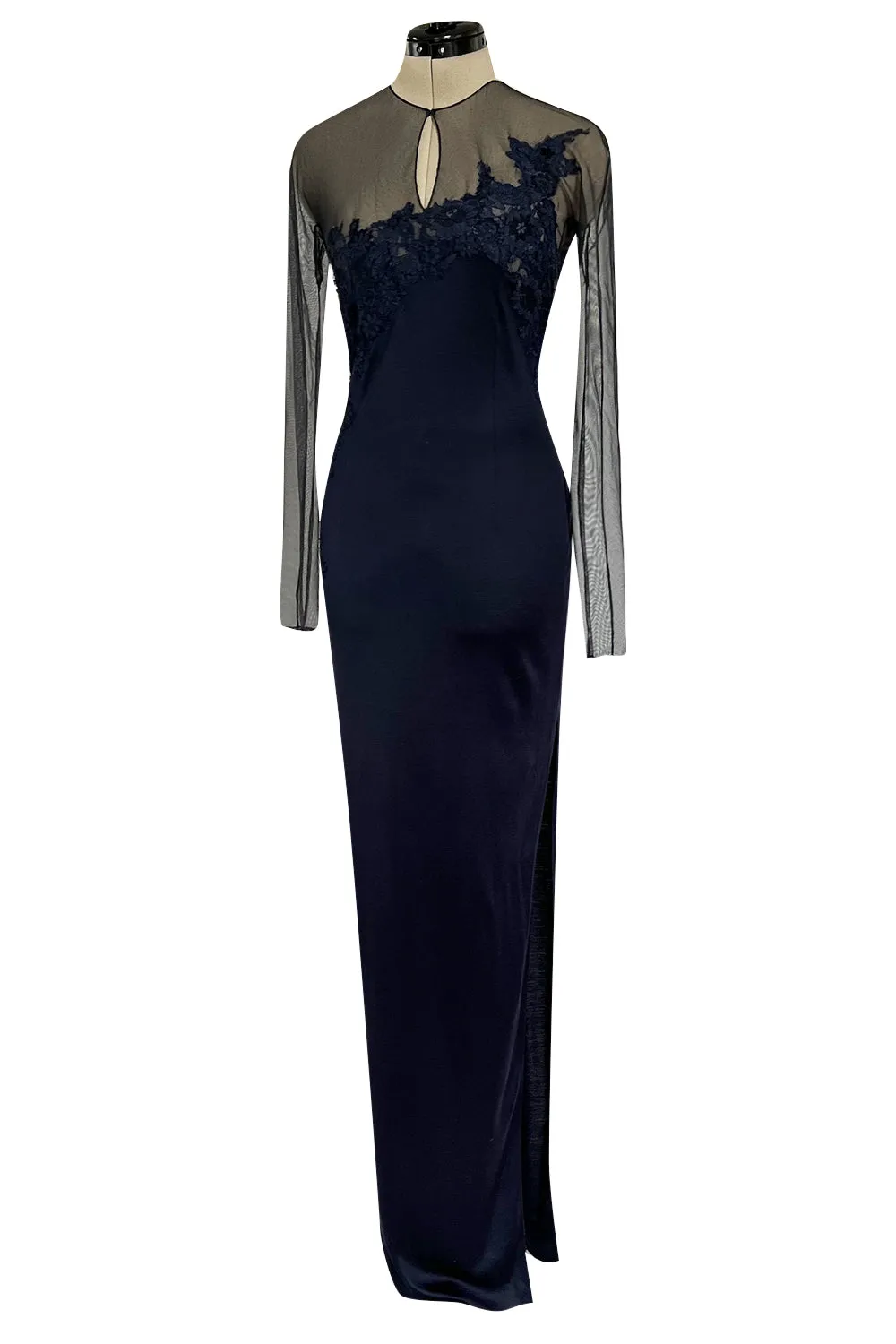 Incredible Early 2000s John Anthony Couture Blue Silk Jersey Dress w See Through Lace  Side & Bodice