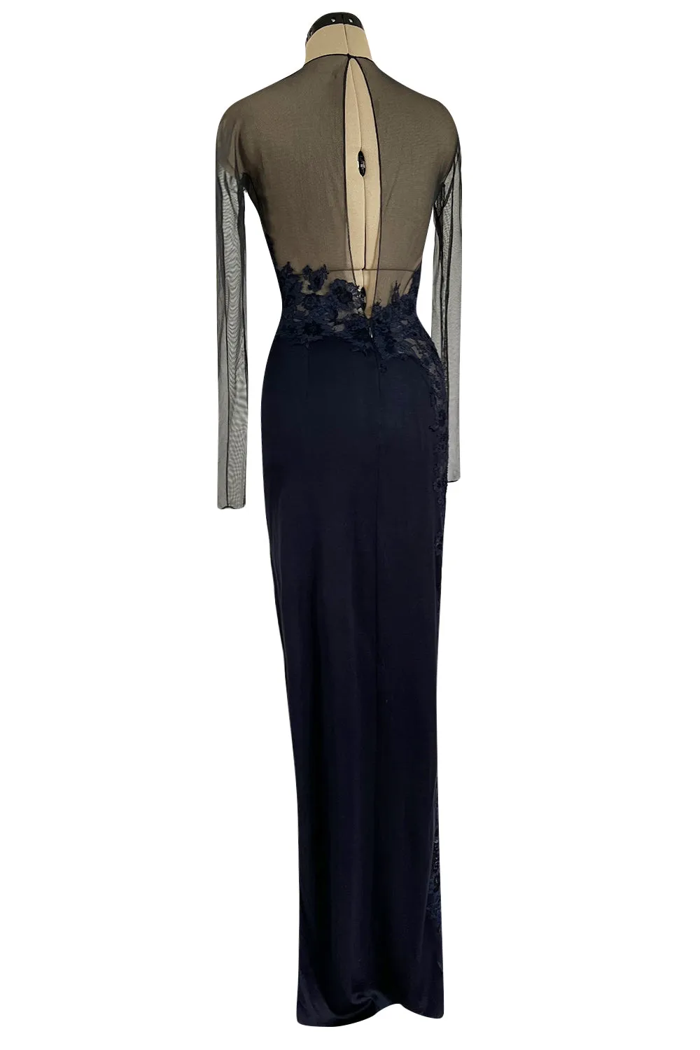Incredible Early 2000s John Anthony Couture Blue Silk Jersey Dress w See Through Lace  Side & Bodice