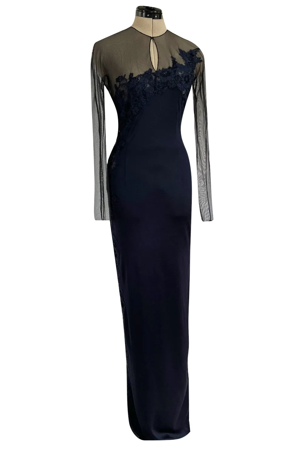 Incredible Early 2000s John Anthony Couture Blue Silk Jersey Dress w See Through Lace  Side & Bodice