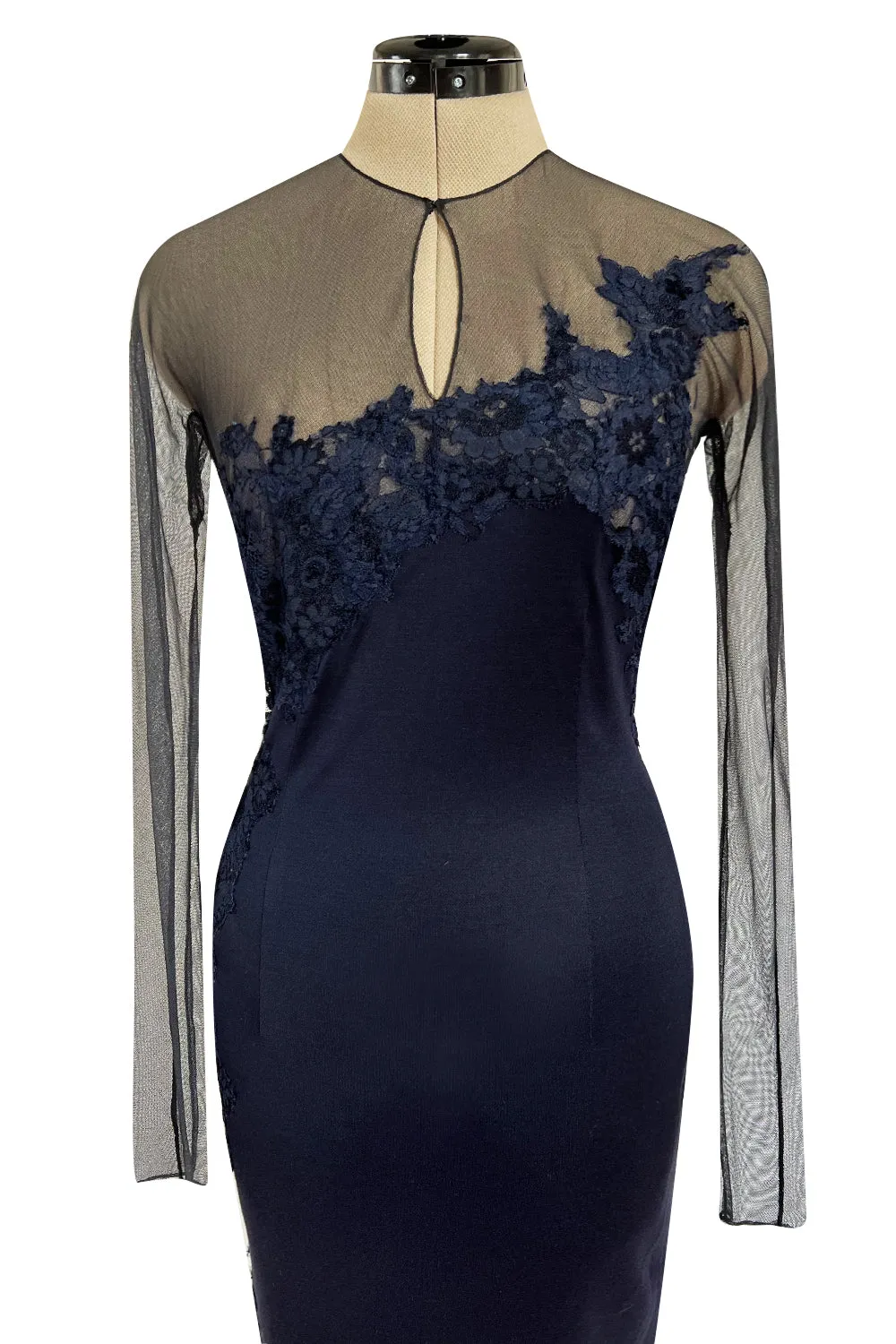 Incredible Early 2000s John Anthony Couture Blue Silk Jersey Dress w See Through Lace  Side & Bodice