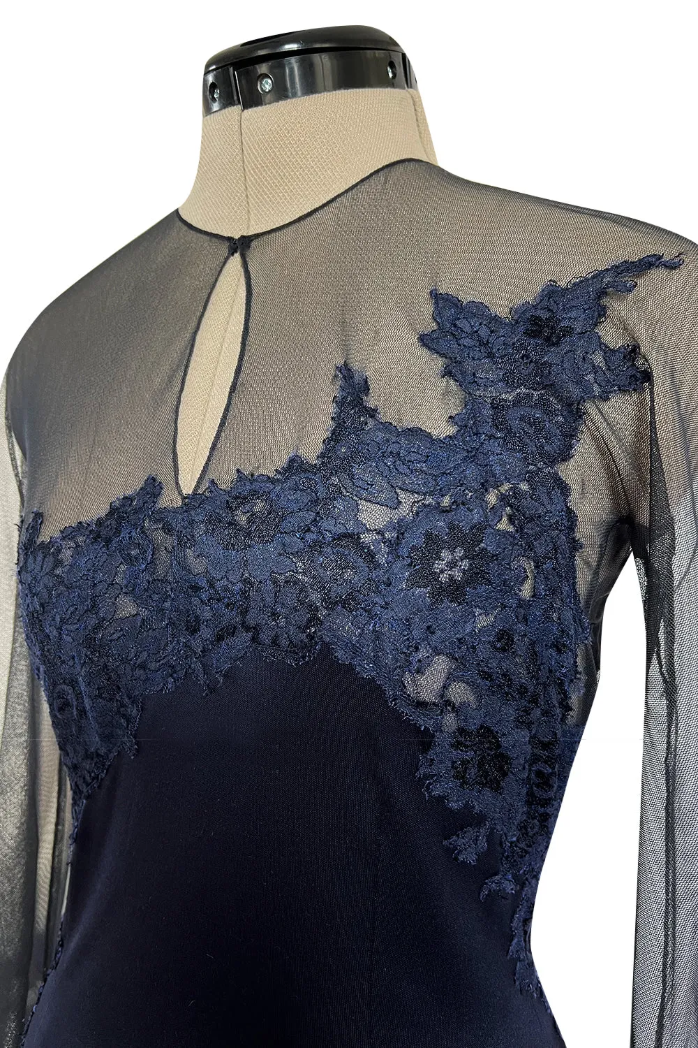 Incredible Early 2000s John Anthony Couture Blue Silk Jersey Dress w See Through Lace  Side & Bodice