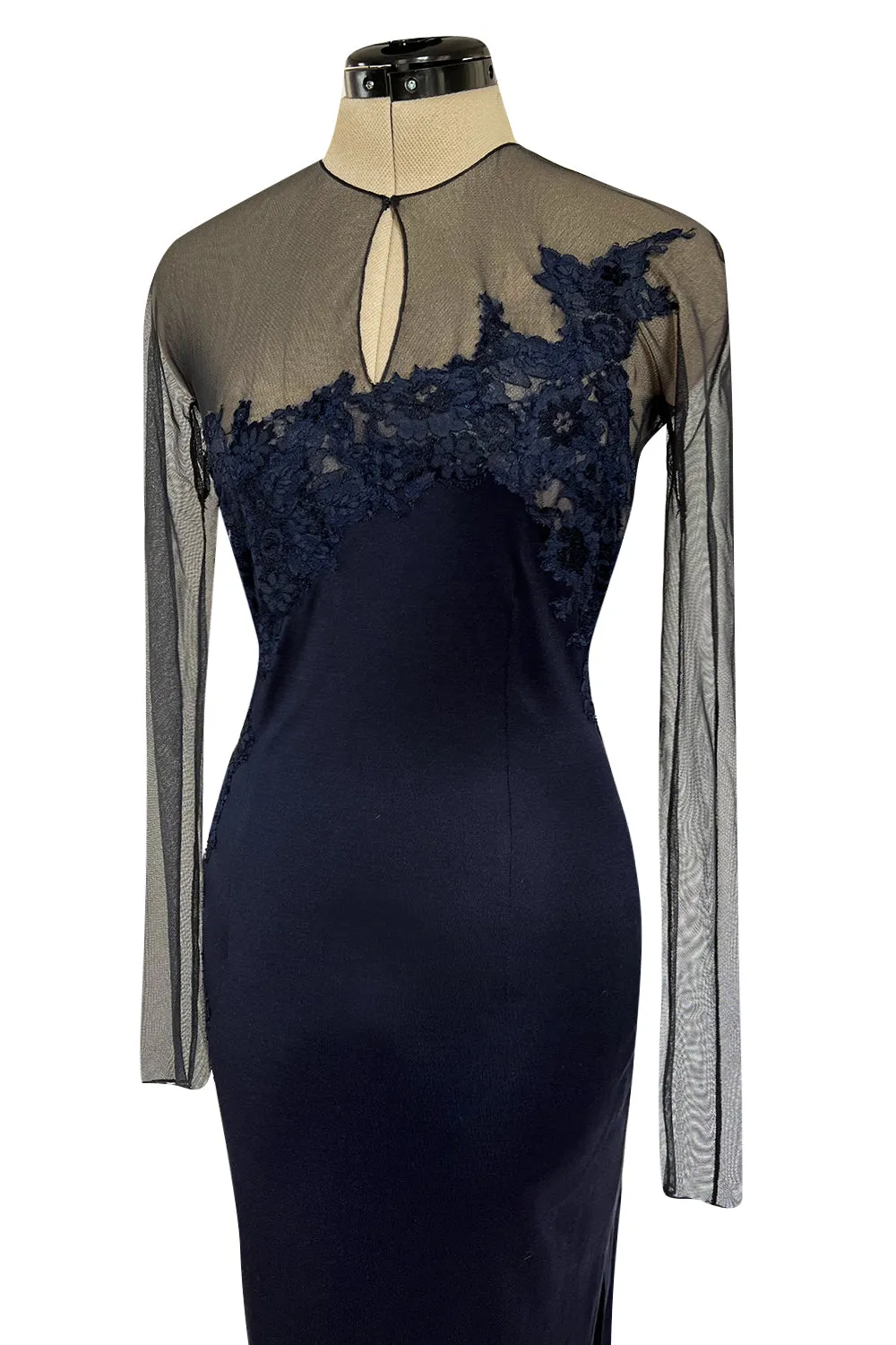 Incredible Early 2000s John Anthony Couture Blue Silk Jersey Dress w See Through Lace  Side & Bodice