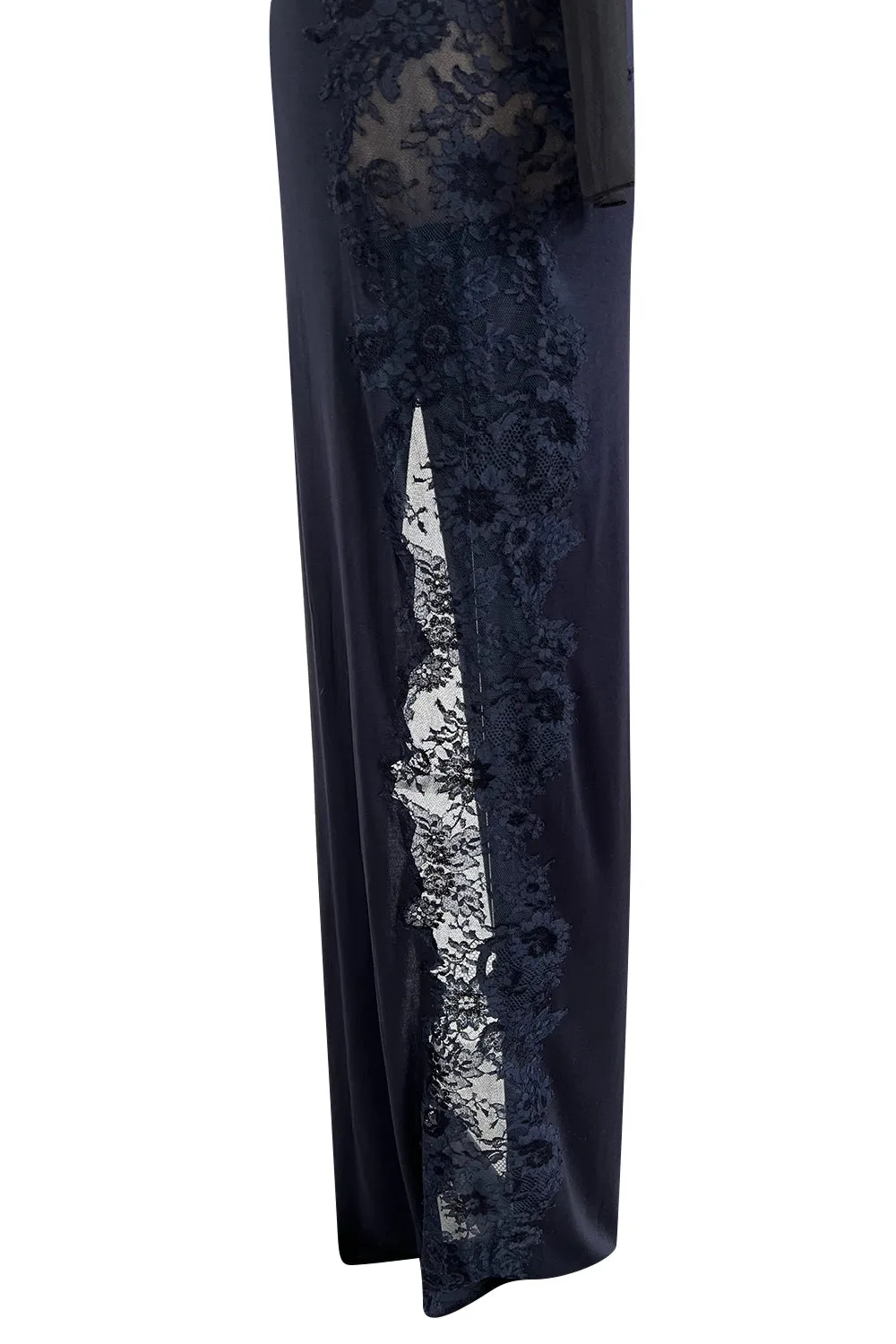 Incredible Early 2000s John Anthony Couture Blue Silk Jersey Dress w See Through Lace  Side & Bodice