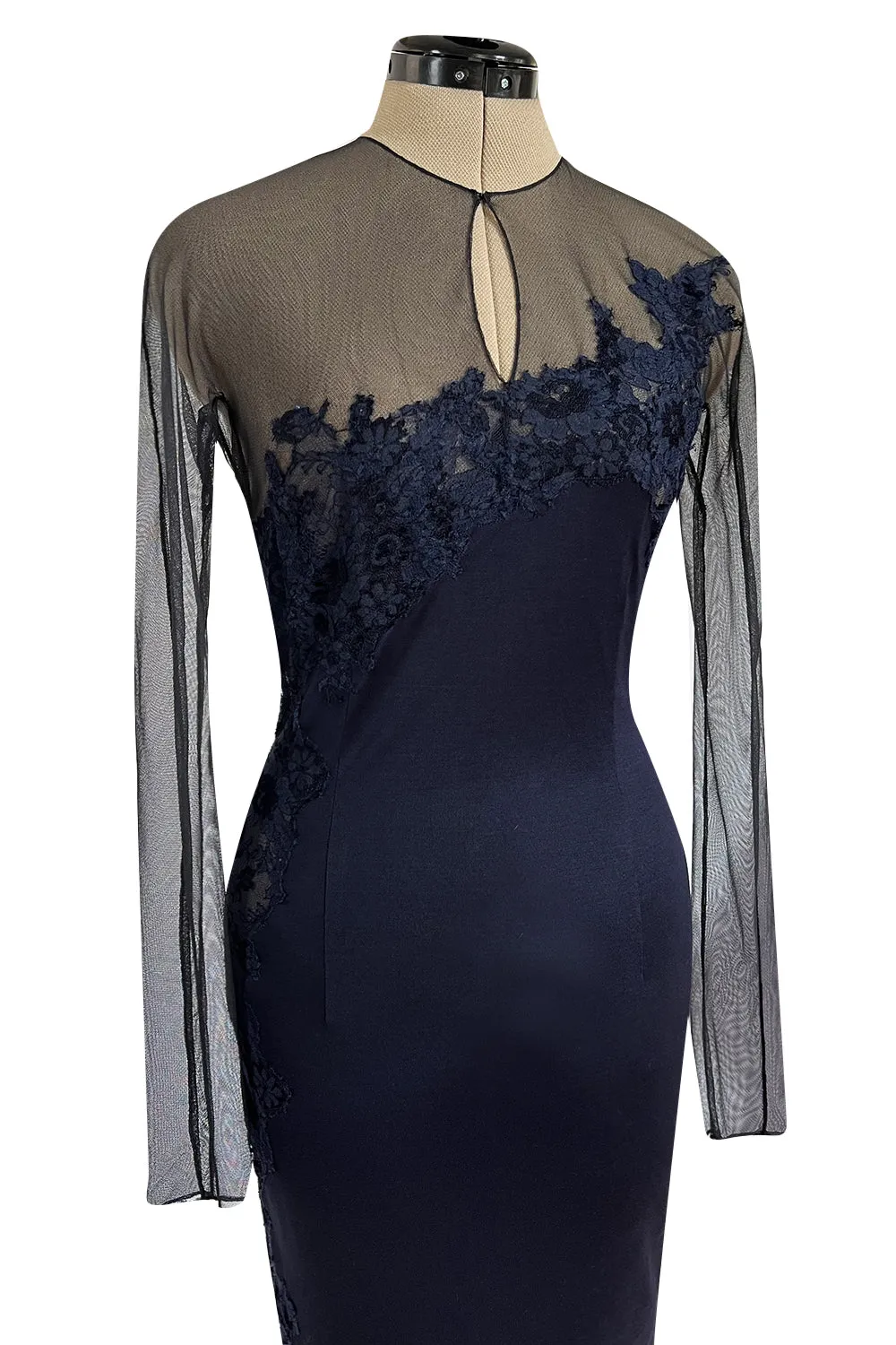 Incredible Early 2000s John Anthony Couture Blue Silk Jersey Dress w See Through Lace  Side & Bodice