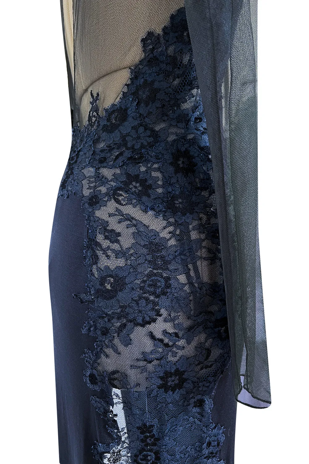 Incredible Early 2000s John Anthony Couture Blue Silk Jersey Dress w See Through Lace  Side & Bodice