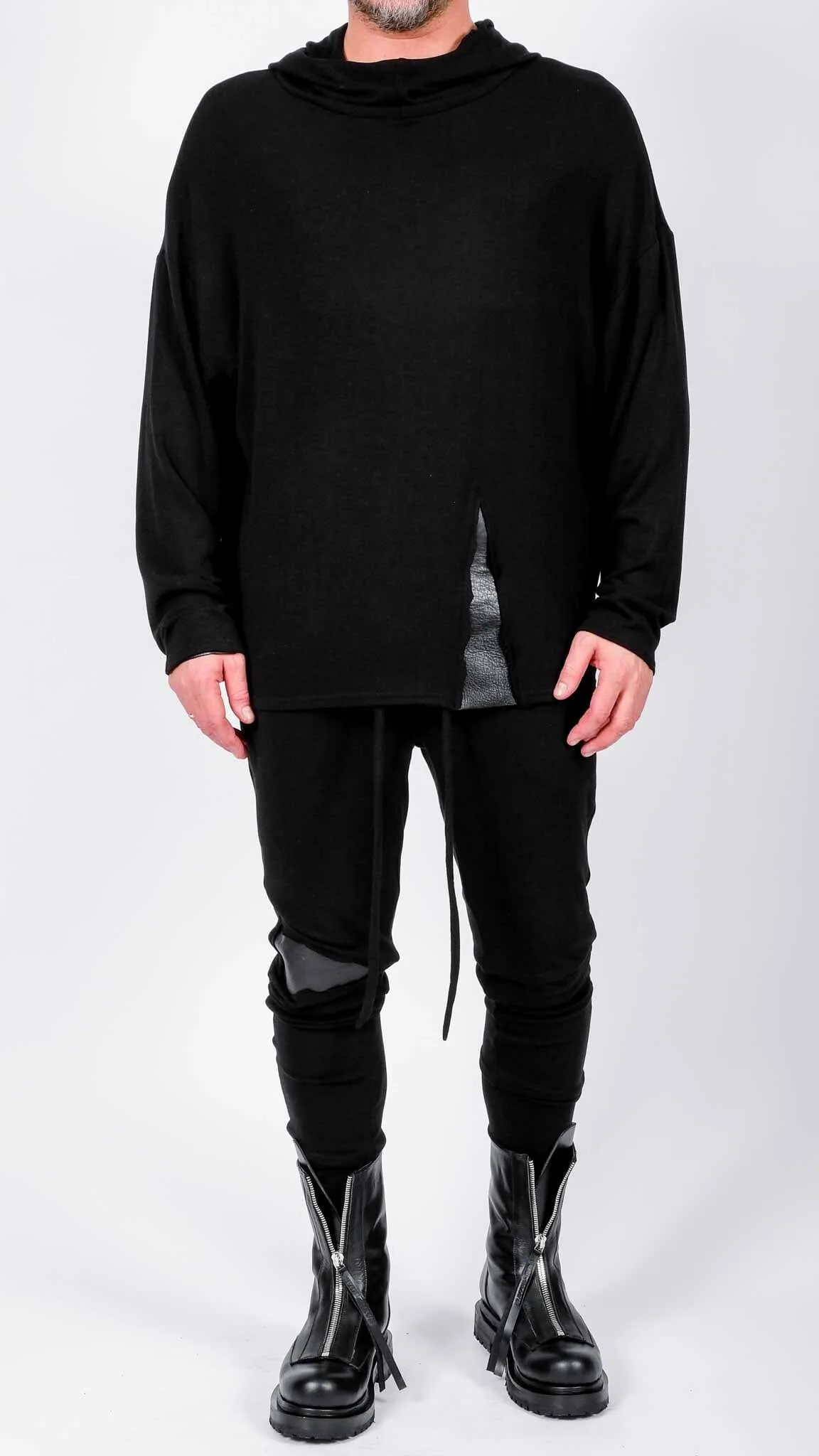 Jersey Hoodie with Leather Detail