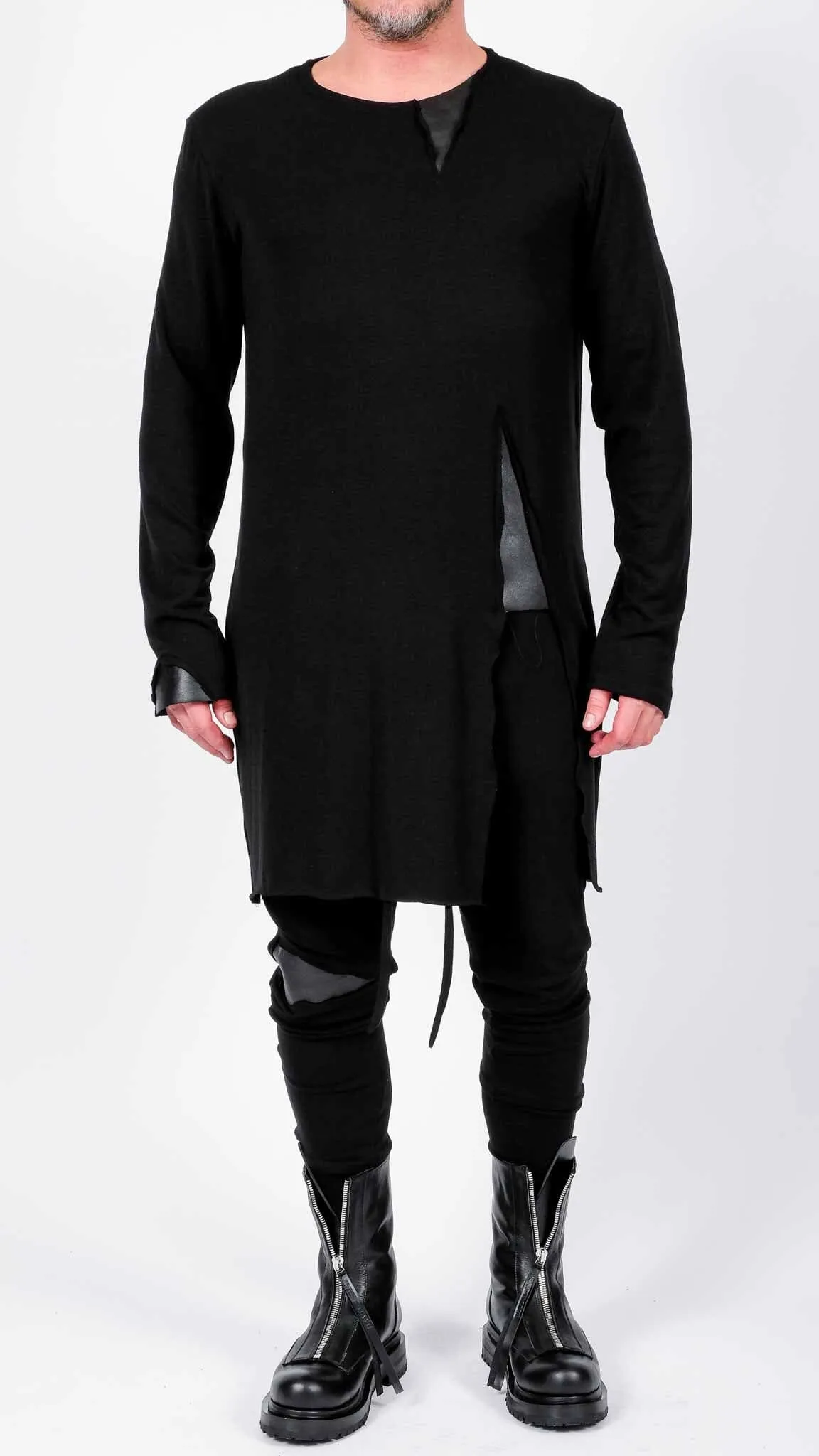 Jersey Long Sleeve Top with Leather Detail
