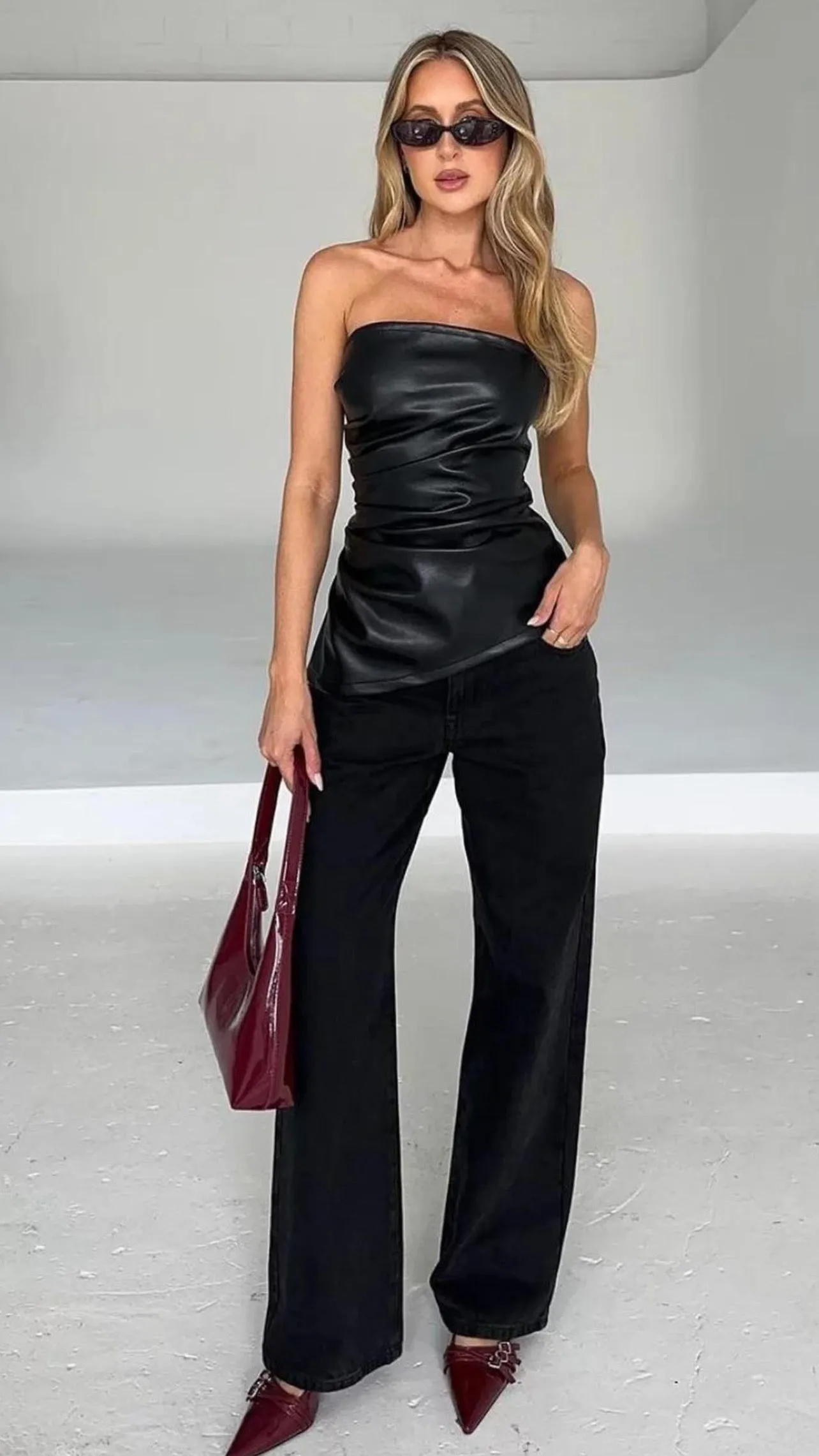 Jet Black Leather Rouched Top