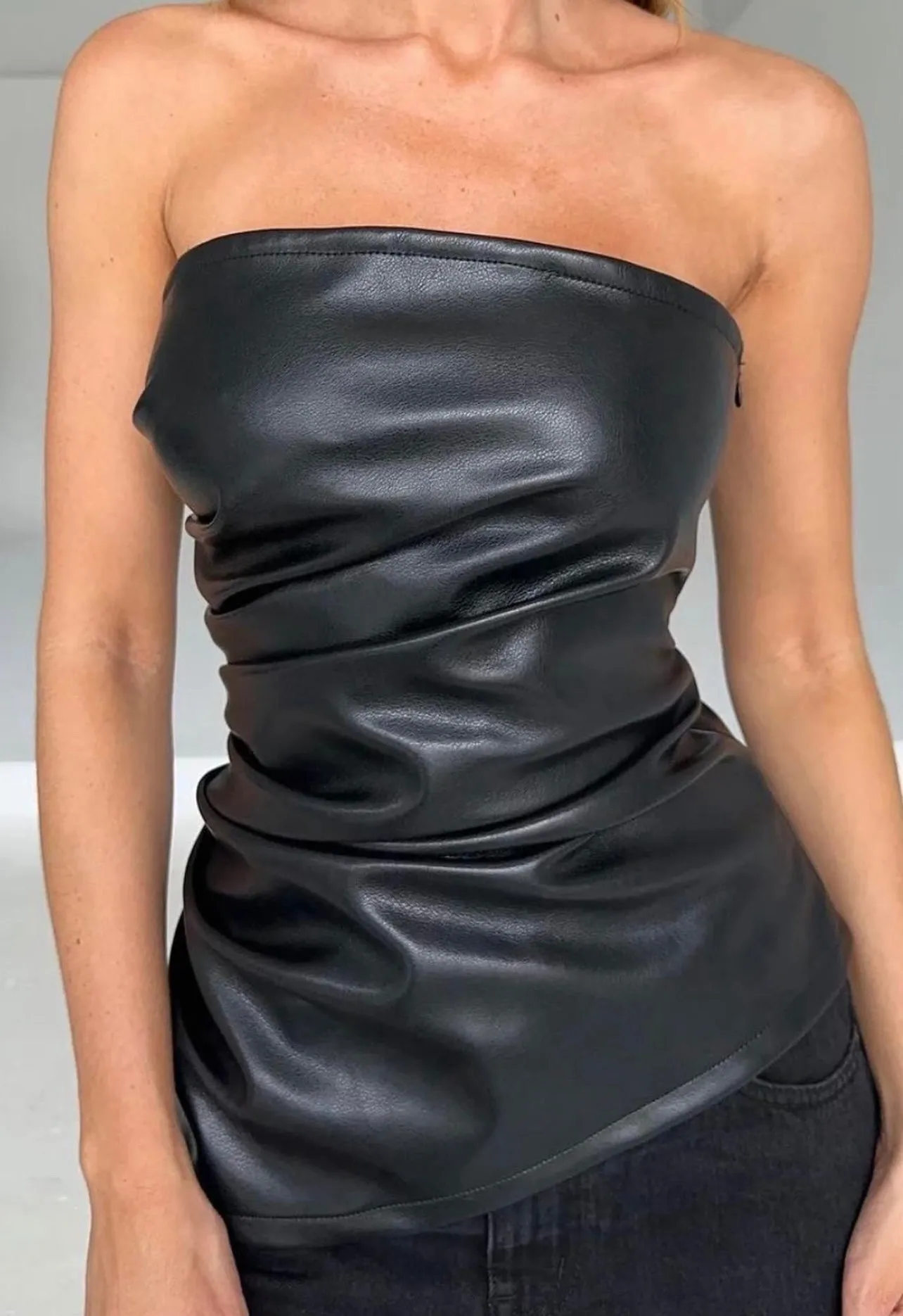 Jet Black Leather Rouched Top