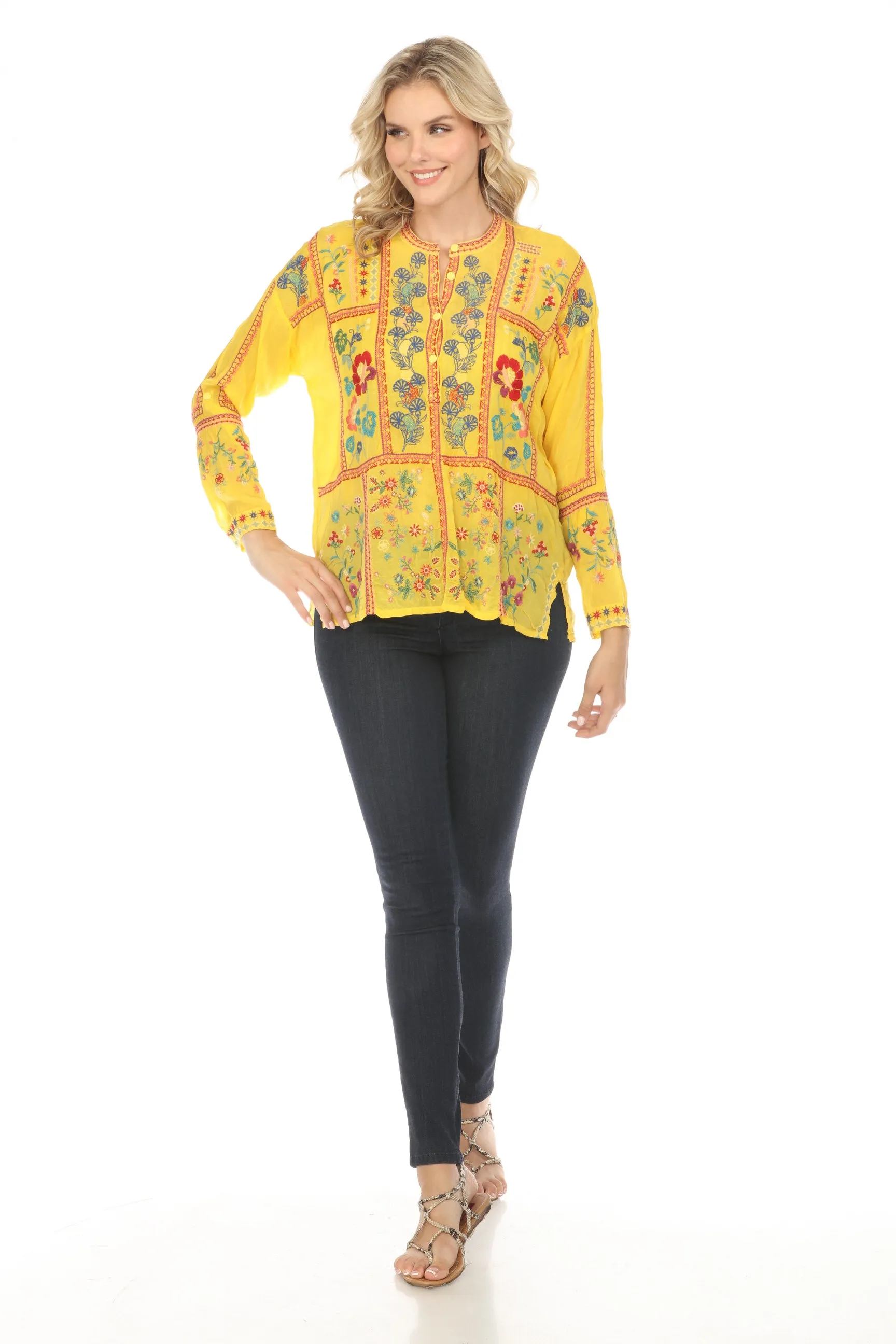 Johnny Was Bogota Embroidered Henley Blouse C11124 Boho Chic