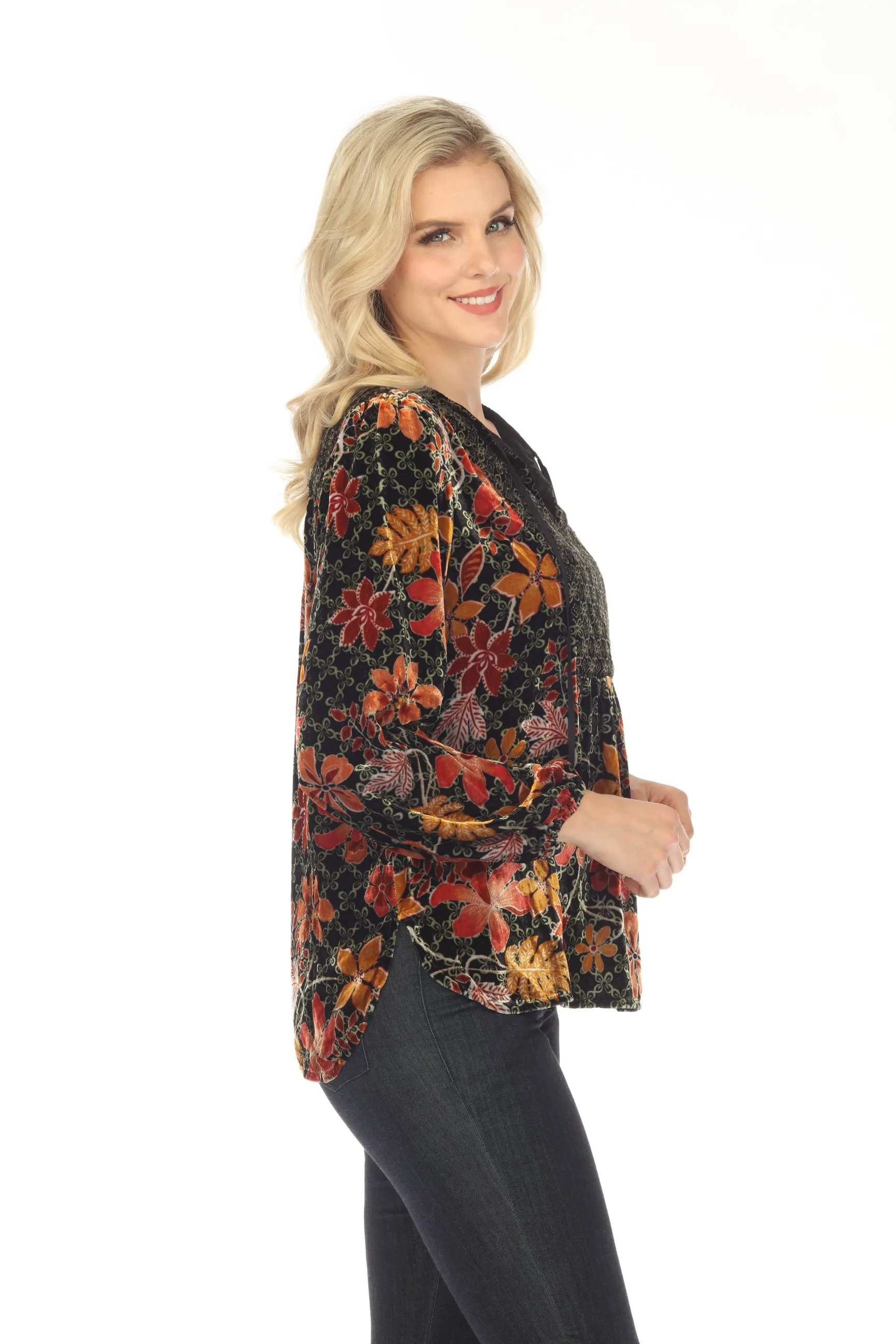 Johnny Was JWLA Jasmoon Flore Velvet Curved Hem Blouse Boho Chic J11123