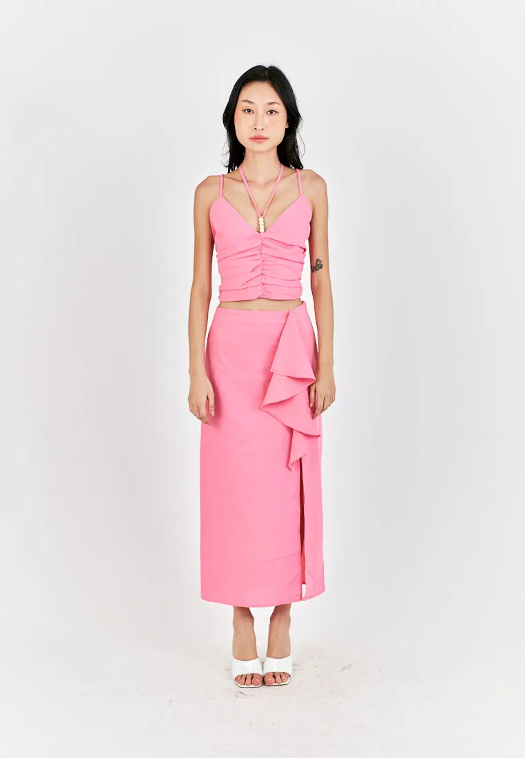 Kaithy Pink Halter Double Beaded Strap Pleated Sleeveless Crop Top