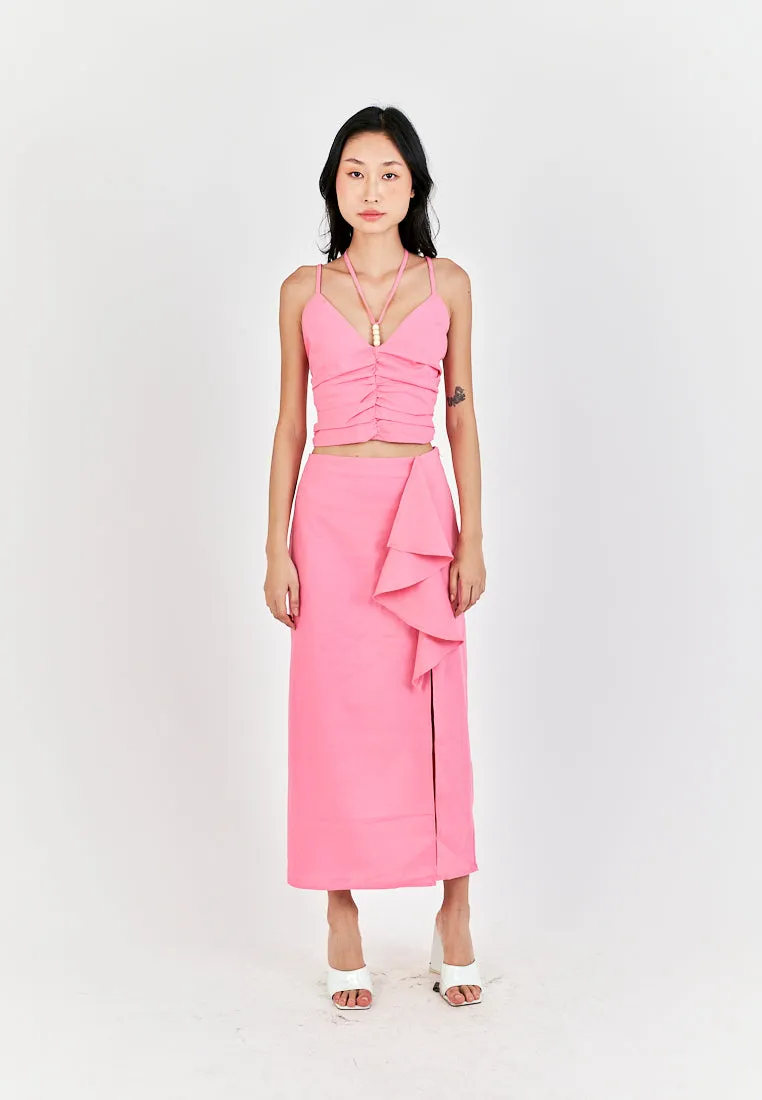Kaithy Pink Halter Double Beaded Strap Pleated Sleeveless Crop Top