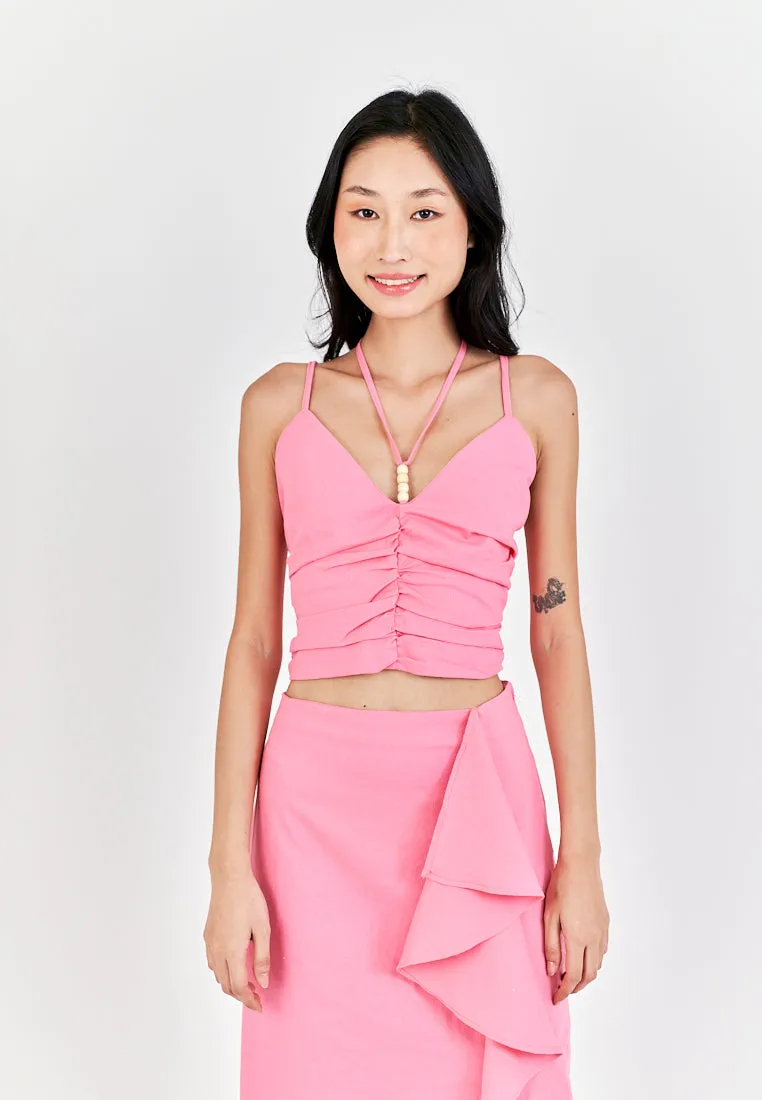Kaithy Pink Halter Double Beaded Strap Pleated Sleeveless Crop Top