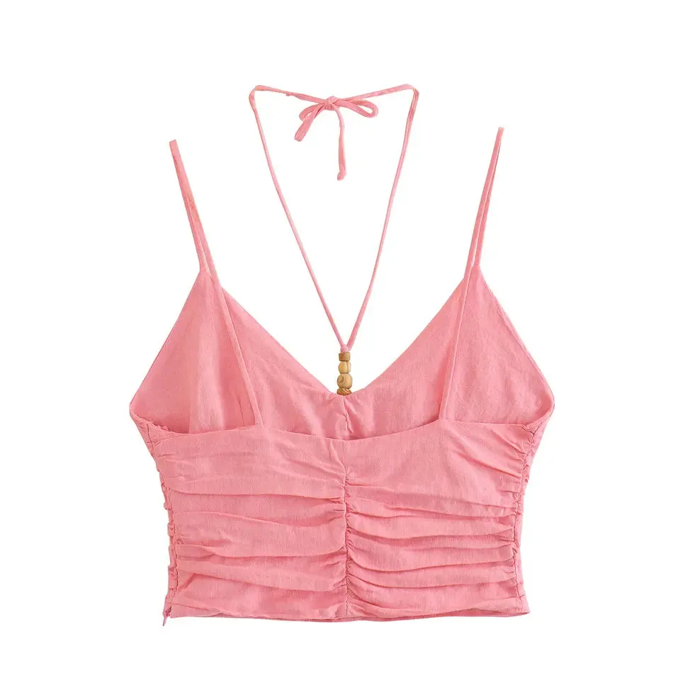 Kaithy Pink Halter Double Beaded Strap Pleated Sleeveless Crop Top