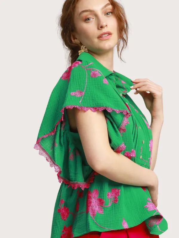 Kelly Green   Magenta Embroidered Top