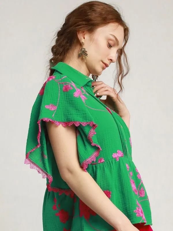 Kelly Green   Magenta Embroidered Top