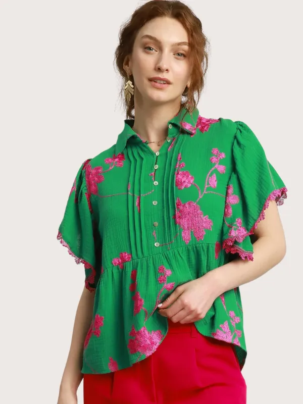 Kelly Green   Magenta Embroidered Top