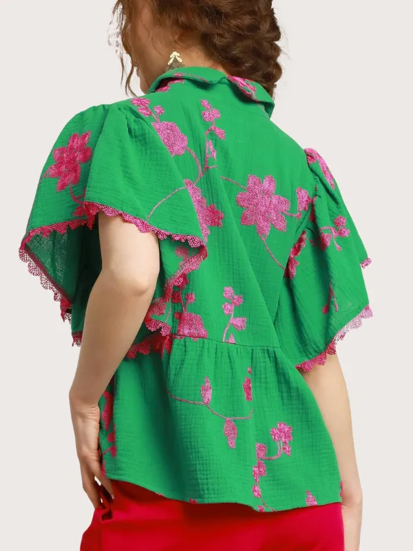 Kelly Green   Magenta Embroidered Top