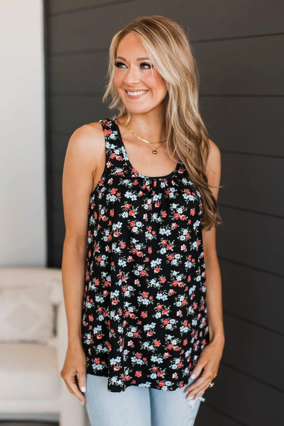 Late Night Drives Floral Tank Top- Black