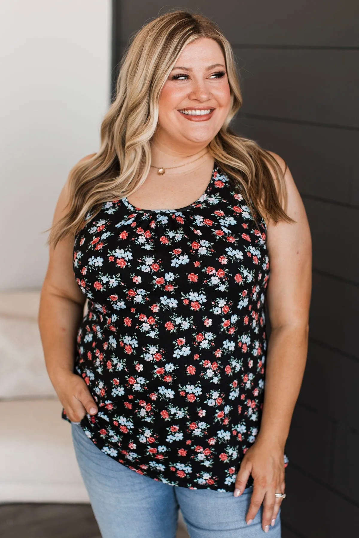 Late Night Drives Floral Tank Top- Black