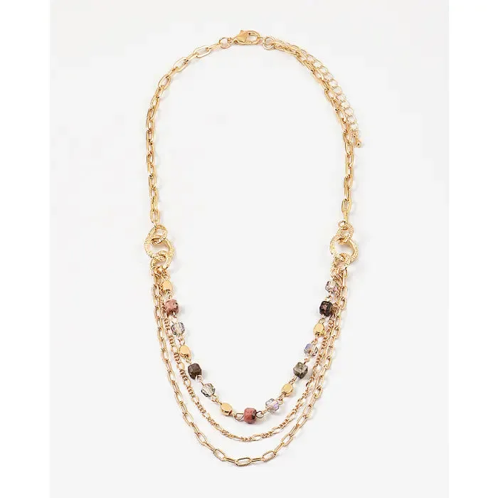 Layered Gold Chain & Cube Beaded Necklace Natural Blush