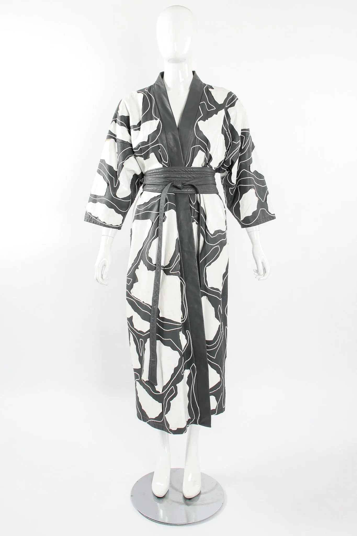 Leather Appliqué Belted Kimono Coat