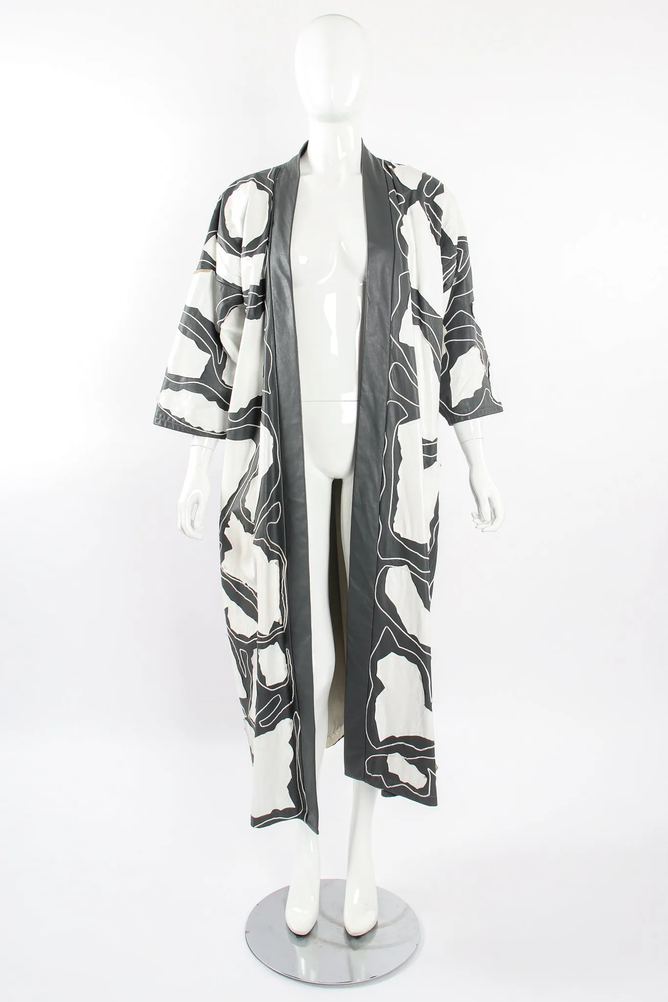 Leather Appliqué Belted Kimono Coat