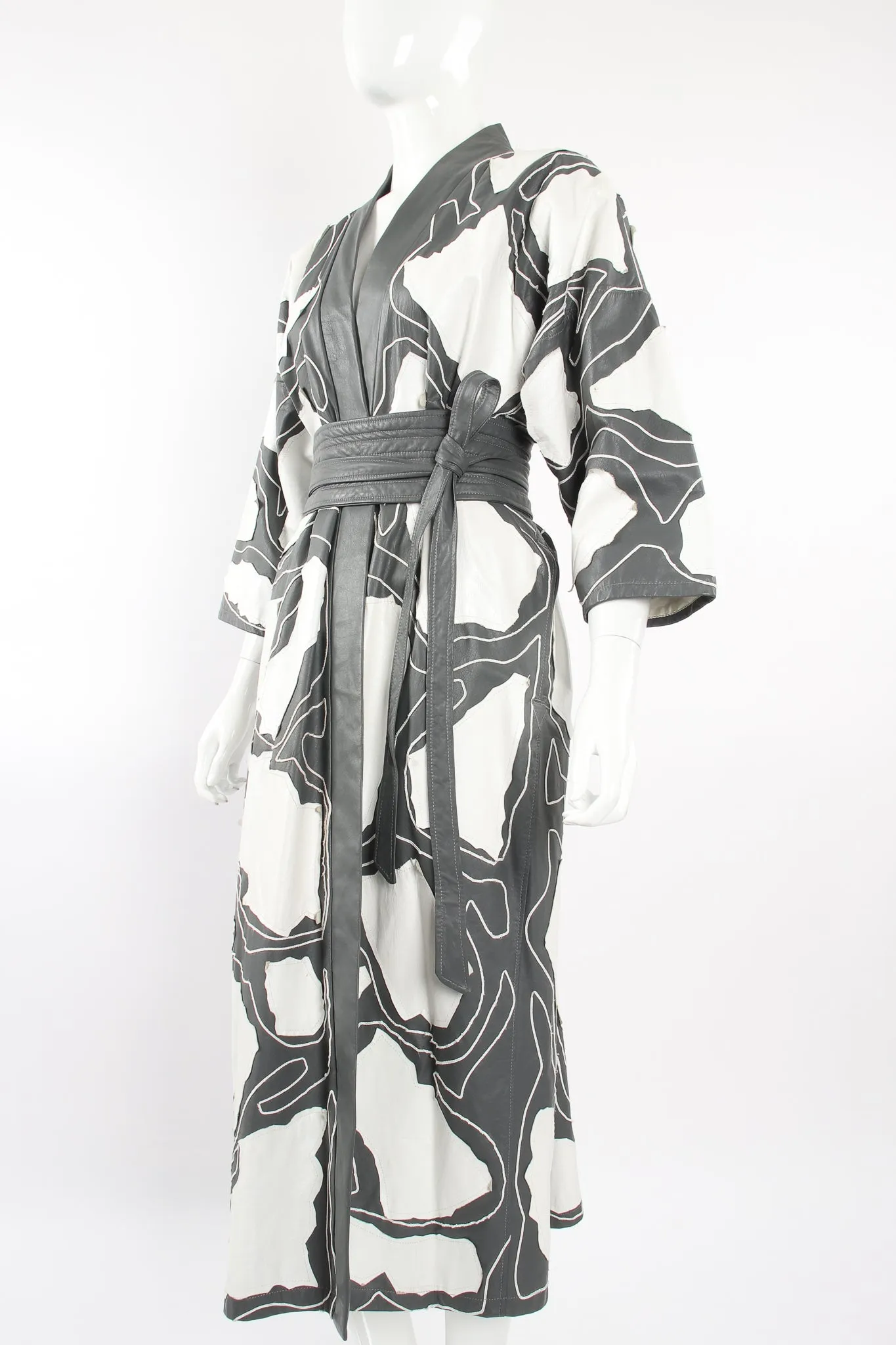 Leather Appliqué Belted Kimono Coat